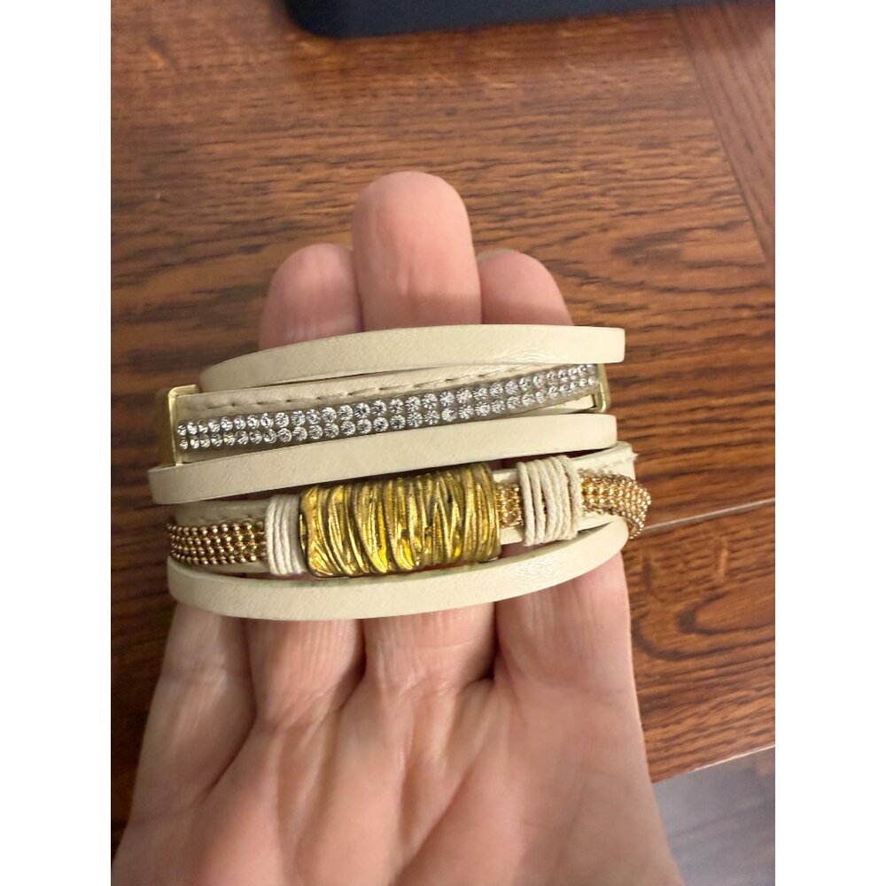 Vintage Bracelet Multi Strand Cream with Gold and Rhinestones Magnetic